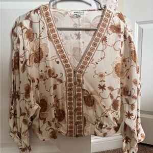 Rose & Olive Women's Floral Cream and Brown Cropped Top Linen size Small
